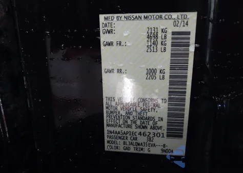 2014 Nissan Maxima 3.5 S/3.5 Sv from USA, damaged, VIN 1N4AA5AP1EC462301